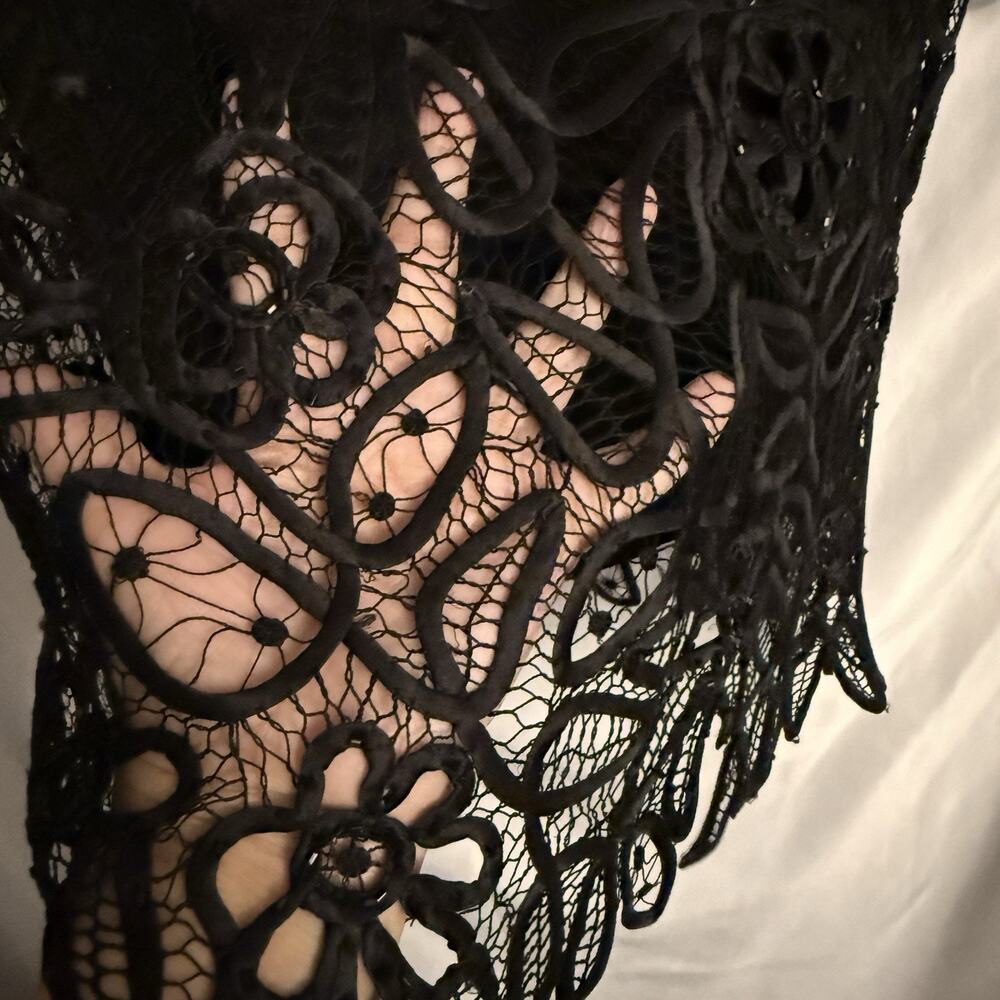 Silken Poetry Womens Black Silk Top Size M Crochet Fairy Beaded Lace Whimsigoth - Picture 8 of 9